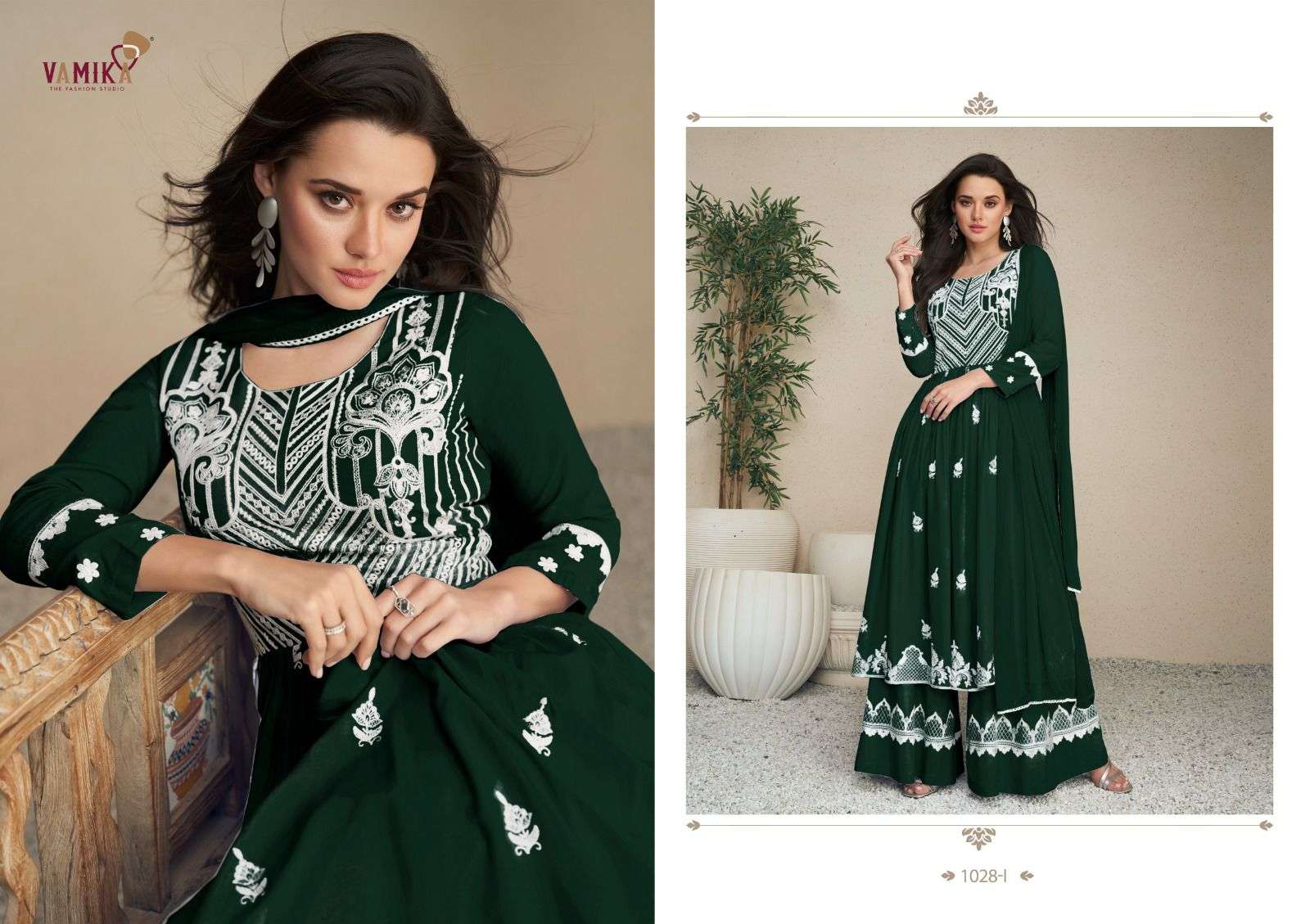 LAKHNAWI VOL 5 DARK LIST HEAVY REYON LAKHNAWI WORK KURTI WITH PLAZZO AND NAZMIN DUPATTA BY VAMIKA BRAND 1028 I